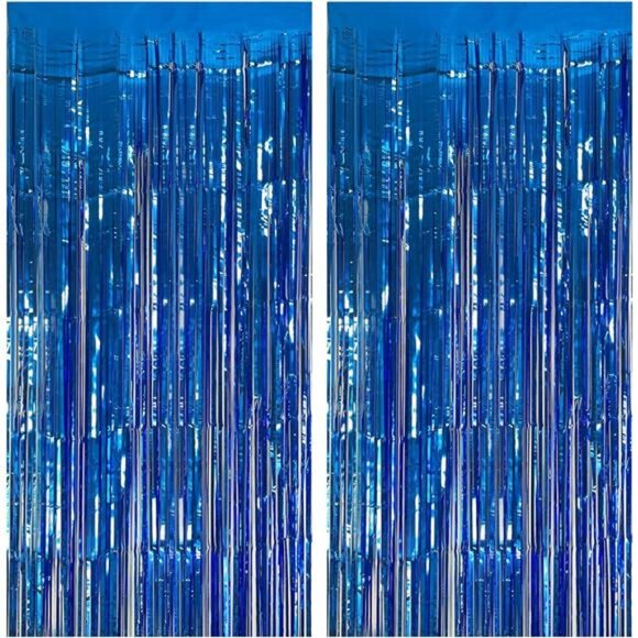 Blue Tinsel Party Backdrop 2 Pack Ocean Streamers Birthday Wedding Photo Booth D - Picture 1 of 8